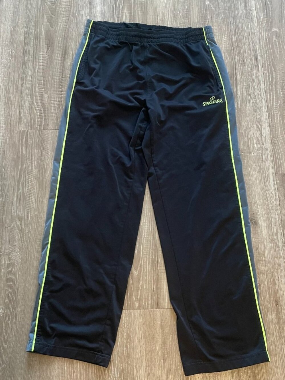Spalding Men's Sweatpants Black Fabric Size L Gray Side Panels Neon Green Piping